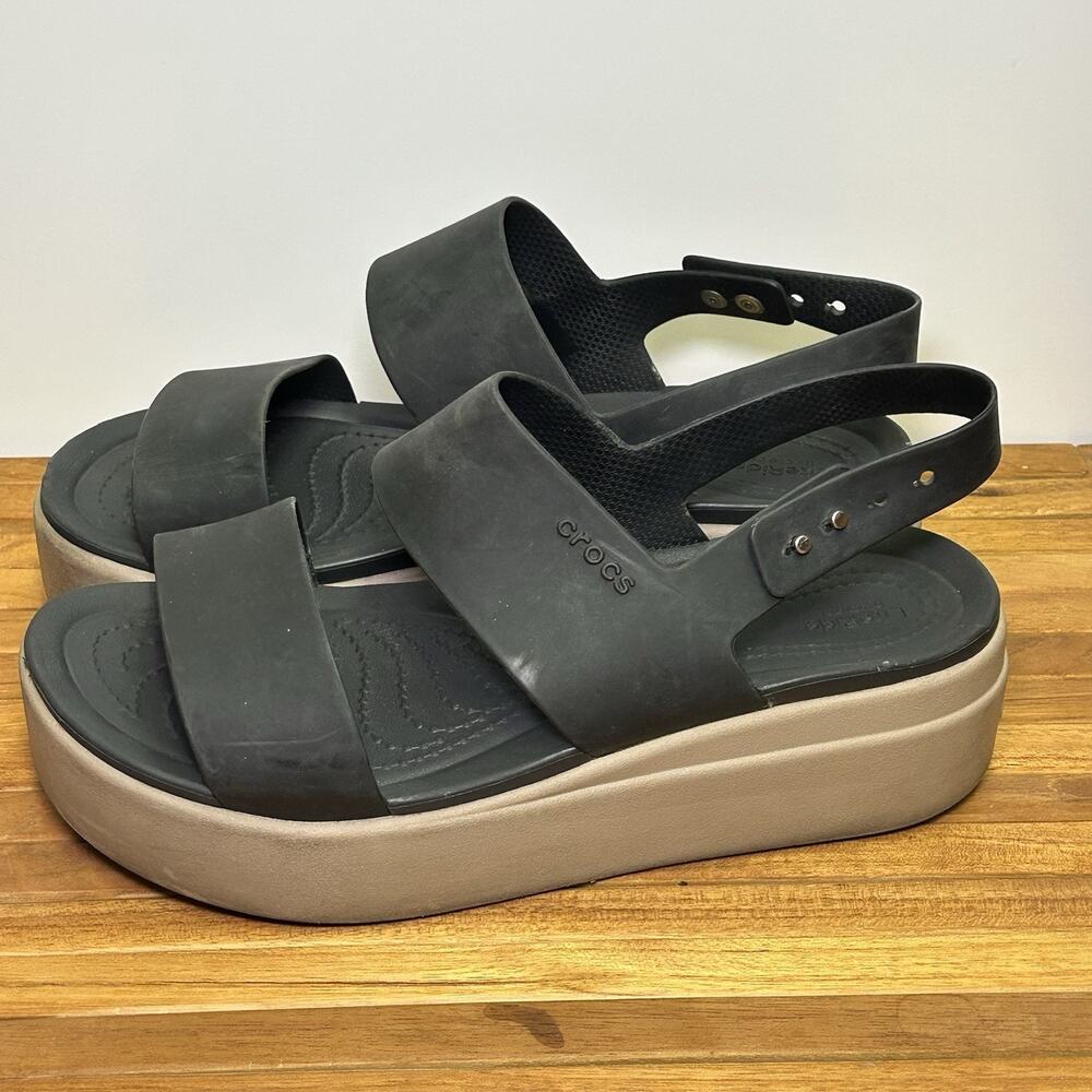 Crocs Sandals Womans 7 Black Tan Brooklyn Lite Ride Low Wedge Sandal
